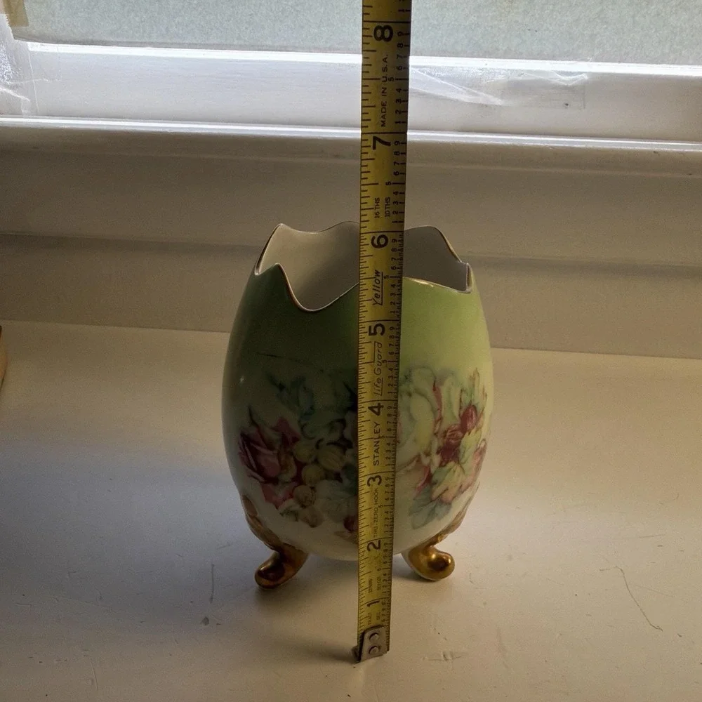 Vintage Green Floral Imperial German Handpainted Footed Egg Vase 5.5